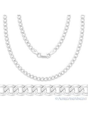 4.4mm Cuban / Curb Link D-Cut Pave Chain Necklace in .925 Sterling Silver - 18"